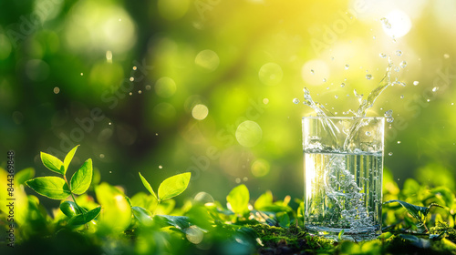 A glass of cool, clear, fresh water that's nice to drink from. Blank on the grass on a natural green background in a refreshing glass of pure water. Healthy water flows into the placed glass.