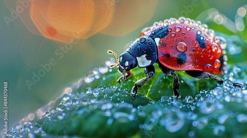 Macro shot of a vibrant ladybug crawling on a dewdrop-covered leaf. The close-up perspective captures the glossy red shell and distinctive black spots of the ladybug, as well as the sparkling