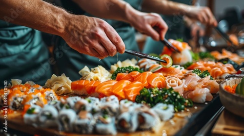 A close-up shot of freshly prepared sushi rolls, with a chefs hand delicately slicing them with a sharp knife. Friendship Day