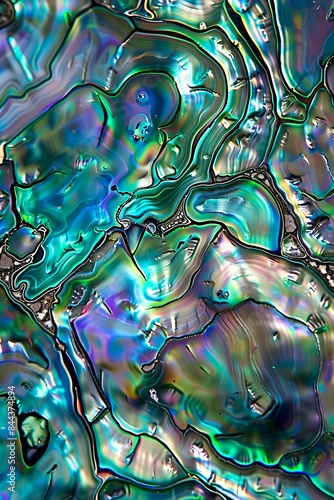 close-up of iridescent abalone shell: Shimmering surface with natural patterns, organic and mesmerizing