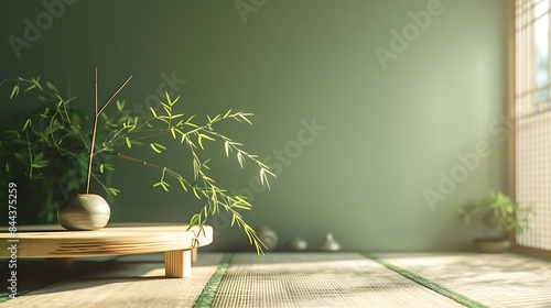 A serene office with a zen-inspired design, including a low wooden desk, tatami mats, and a bamboo plant. The background is a soft green. 