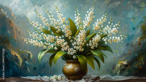 Beautiful lily of the valley floral arrangement in a rustic vase. This delicate and elegant flower bouquet brings a touch of nature indoors. Perfect for home decor and nature enthusiasts. AI