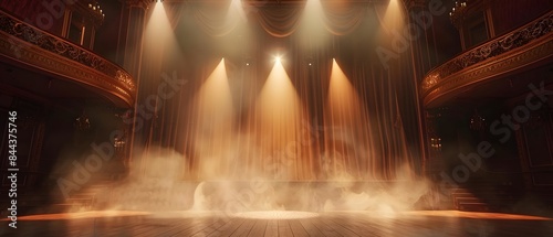 Dramatic Theatrical Stage Set with Smoky Spotlights and Ornate Proscenium in Classic Italian Opera House