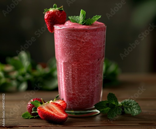 Close Up of a Refreshing Pink Strawberry and Mint Smoothie on a Wooden Table