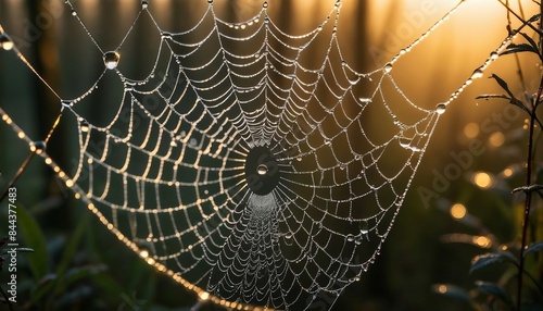 A close-up of dew on a spider web at dawn in a forest. 