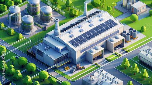 Isometric vector. Green. Industrial photovoltaic energy uses roof. Ecology concept, eco-factory for industry with photovoltaic energy and wastewater treatment.