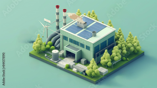 Isometric vector. Green. Industrial photovoltaic energy uses roof. Ecology concept, eco-factory for industry with photovoltaic energy and wastewater treatment.