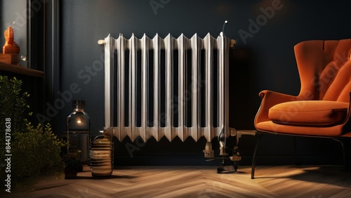 The image shows a white radiator on a dark blue wall, standing on a wooden floor.Discussion thread on interior design, heating systems or home decor.