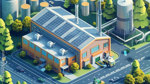 Isometric vector. Green. Industrial photovoltaic energy uses roof. Ecology concept, eco-factory for industry with photovoltaic energy and wastewater treatment.