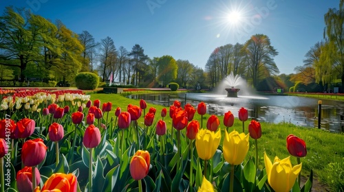 Beautiful garden depicting vibrant tulips under a bright sunlit sky, with a peaceful pond and fountain at the center.