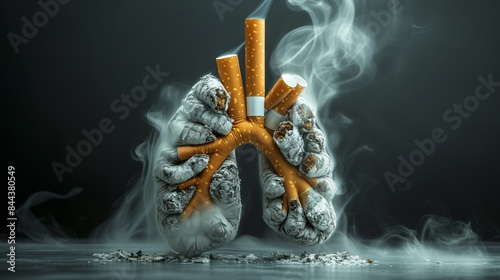 A surreal composition of burnt cigarettes forming the shape of human lungs amidst smoke to highlight the health hazards of smoking. Ideal for use in health awareness and anti-smoking campaigns.