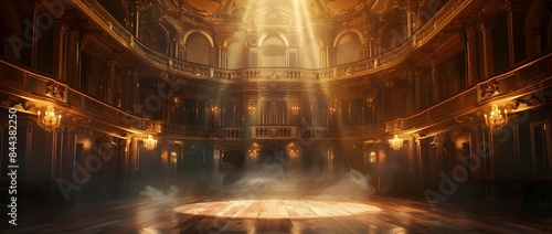 Majestic Neoclassical Theater Stage with Dramatic Lighting and Smoky Atmosphere for Awe Inspiring Performances