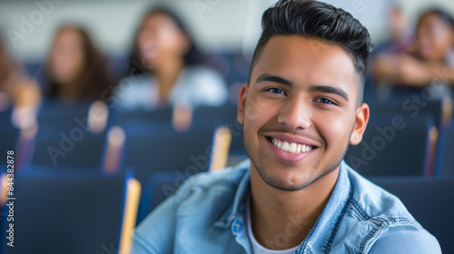 Latin American Young Campus Student in Lecture Hall, Smiling at Camera, Diverse Education and University Life