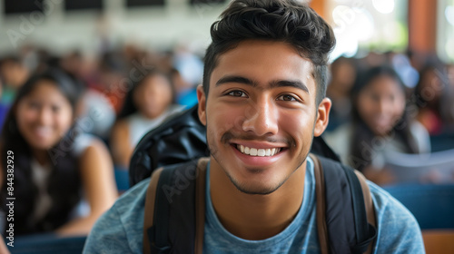 Latin American Young Campus Student in Lecture Hall, Smiling at Camera, Diverse Education and University Life