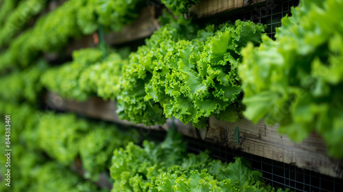 Close-Up Portrait of Vertical Farm Facility, Lettuce Growing Vertically in Stacked Layers Under Natural Light