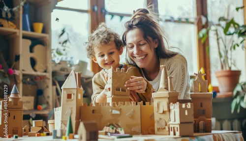 Mother and daughter enthusiastically designed and built a fairy tale castle using used cardboard