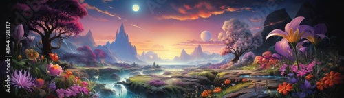 Magical fantasy landscape with a moonlit sky, colorful flowers, flowing river, and majestic mountains under a mesmerizing sunset.