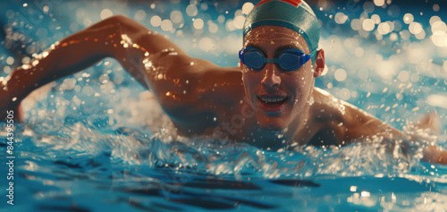 The concept of an active healthy lifestyle. A strong athletic, muscular man in a cap and swimming goggles competes in swimming in the pool. A sports competition