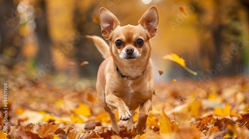chihuahua dog running outdoors in autumn, in the park on the yellow fallen leaves background