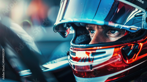 Close Up of Male F1 Racer with racing Helmet