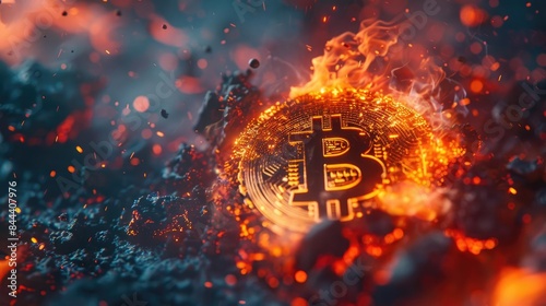 Fiery Bitcoin symbol in an intense, dynamic environment representing cryptocurrency and digital finance's power and volatility.