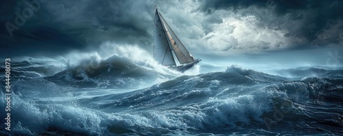 Sailboat navigating through rough ocean waves under a dramatic, stormy sky, capturing the essence of adventure and resilience at sea.