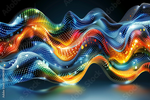 A colorful wave with a lot of dots. The dots are in different colors and sizes. The wave is very long and it looks like it is moving