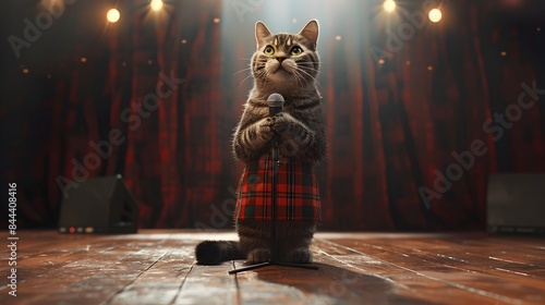 Surreal British Shorthair Cat as Speaker on Stage Wearing Kilt with Microphone