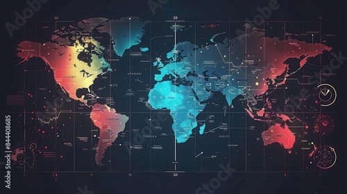 Detailed world map with time zones, clocks showing current time for major cities