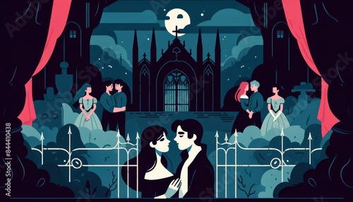 Romantic gothic illustration of a couple in a moonlit garden, surrounded by castle and people in the background.
