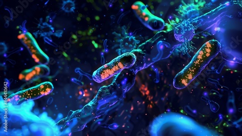 Fluorescent image of natural killer cells zapping bacteria with their potent toxic substances