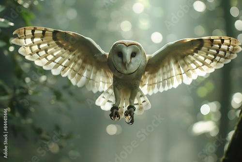 Hunting Barn Owl in flight. Wildlife scene from wild forest. Flying bird tito alba