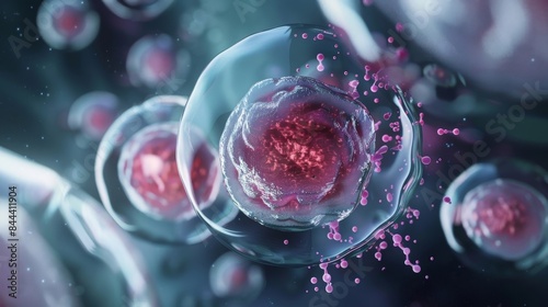 An upclose image of a somatic cell nuclear transfer technique being used to insert the new genetic material into an empty oocyte