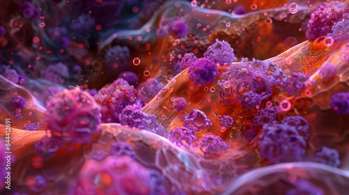 A closeup view of a tumor microenvironment revealing a complex interplay between angiogenic factors and immune cells ultimately driving tumor progression