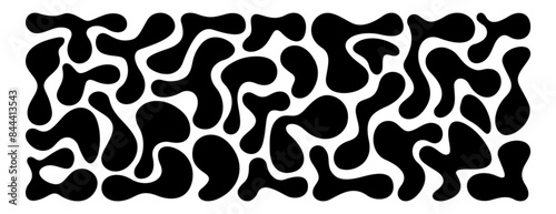 Set of irregular blobs. Black random liquid organic shapes. Wavy deform spots, fluid circle or simple amoeba blob. Abstract forms isolated on white background. Asymmetric blotches, amorphous elements.