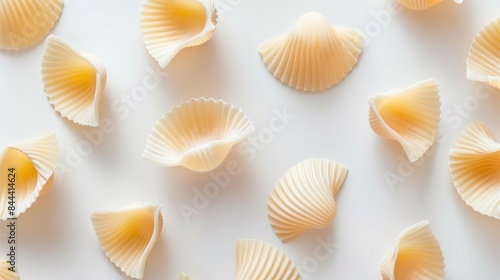 Close up shot of shell shaped pasta on a white background
