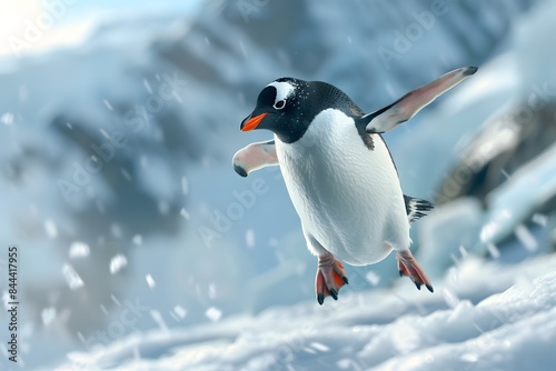 Illustration of Penguin in mid-air doing a kickflip, dynamic motion blur, snowy mountains in the background. Ai Generate.