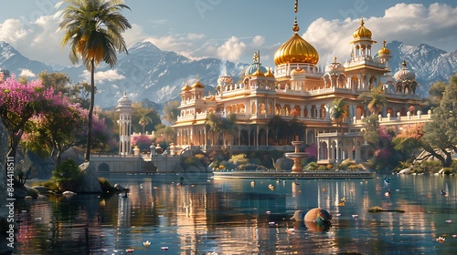 Craftsman empire with a golden dome and peacock fountain