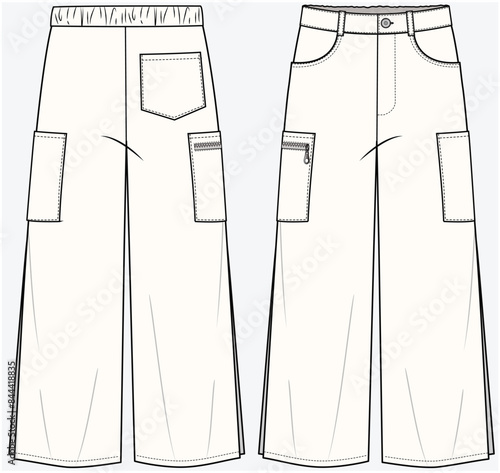 UTILITY POCKET DETAIL DENIM PANT WITH SIDE SLIT AND WIDE LEG DETAIL FASHION FLAT DESIGNED FOR TEEN GIRLS AND KID GIRLS IN VECTOR FILE