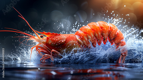 A shrimp is swimming in the water with its claws outstretched. The water is splashing and the shrimp is surrounded by ripples