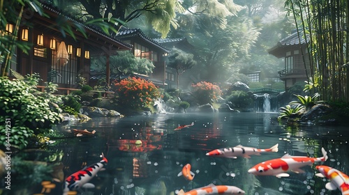 Craftsman enclave with a bamboo grove and koi pond