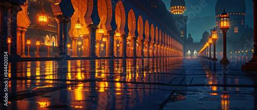 A city street at night with many lights and a large building in the background