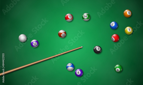 Billiard balls and cue on table with green cloth. Pool table top view. Vector illustration.