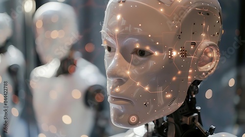 artificial intelligence in creative industries a white mannequin with a large nose and black eye stands in front of a white light bulb, while a white face and ear are visible in the