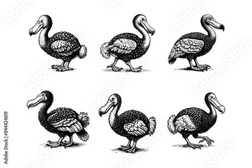 set of dodo bird illustration. hand drawn black and white dodo extinct bird vector illustration isolated white background