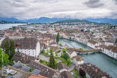 top view of Luzern from Museggmuaer fortress that we can see old town city view with reuss river including chapel bridge and sky very beautiful