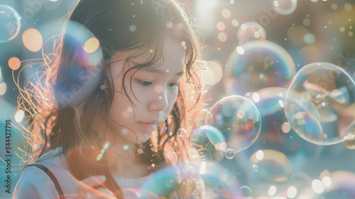A woman is looking at a bunch of bubbles. The bubbles are in different sizes and colors, and they are scattered all around her. The scene has a playful and whimsical mood