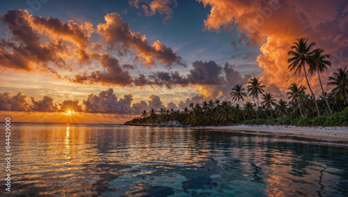 Panorama del tramonto su un isola tropicale in mezzo all'oceano con nuvole nel cielo, palme da cocco e colori caldi