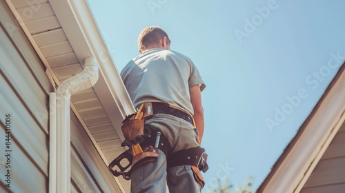 A construction worker installing a piece of fascia on the eaves of a house