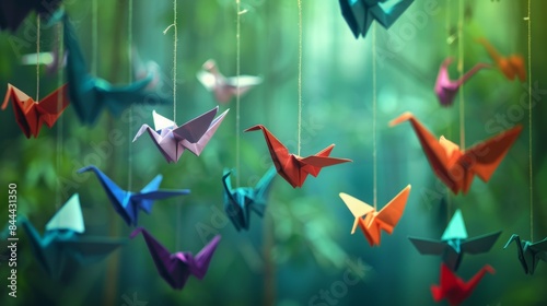 Colorful Origami Birds Hanging in a Forest